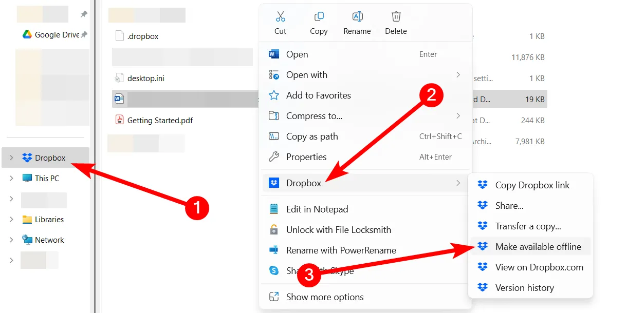 Menu Dropbox với tùy chọn &quot;Giúp truy cập ngoại tuyến&quot; để đồng bộ tệp.