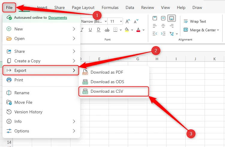 Menu &quot;File&quot; của Excel Online được mở rộng, với các tùy chọn &quot;Export&quot; và &quot;Download As CSV&quot; được chọn, hướng dẫn cách xuất dữ liệu sang định dạng CSV.