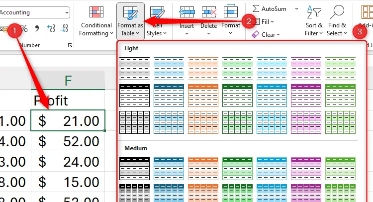 Menu Format As Table trong Excel hiển thị các tùy chọn định dạng để chuyển dữ liệu thô thành bảng