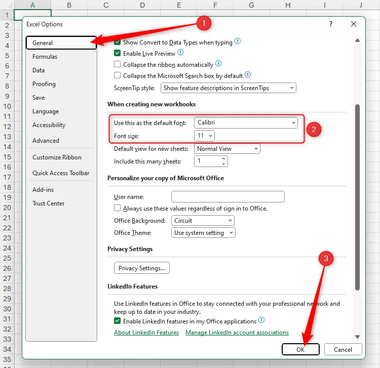 Menu General trong cửa sổ Excel Options, hiển thị lựa chọn kiểu và cỡ phông chữ mặc định.