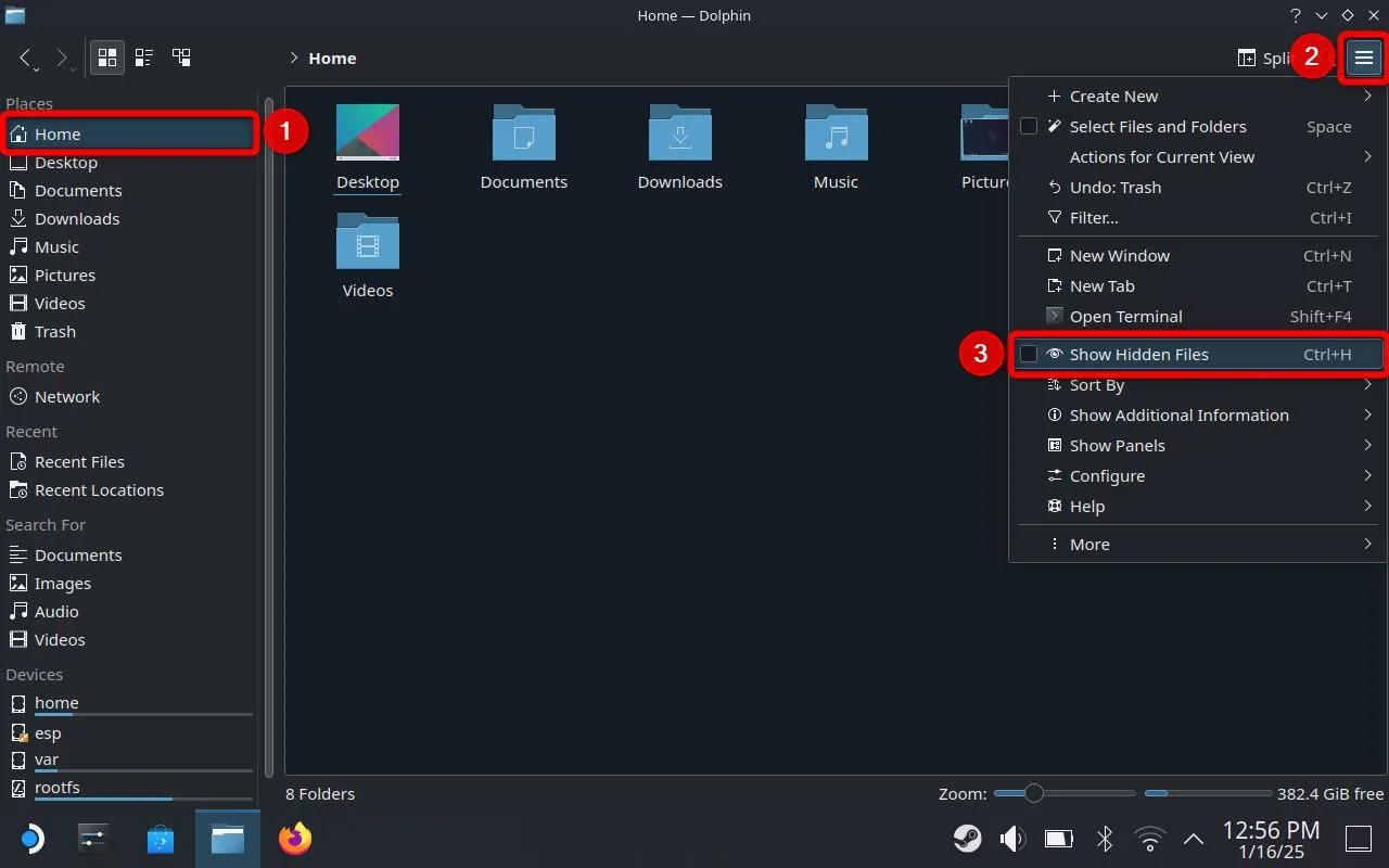 Menu hamburger trên File Manager của Steam Deck ở chế độ máy tính để bàn, hiển thị tùy chọn &quot;Show Hidden Files&quot; để xem các tệp và thư mục ẩn của hệ thống.