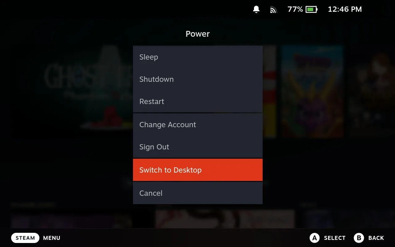Menu nguồn của Steam Deck, hiển thị các tùy chọn quản lý năng lượng và khả năng chuyển sang chế độ Desktop Mode.