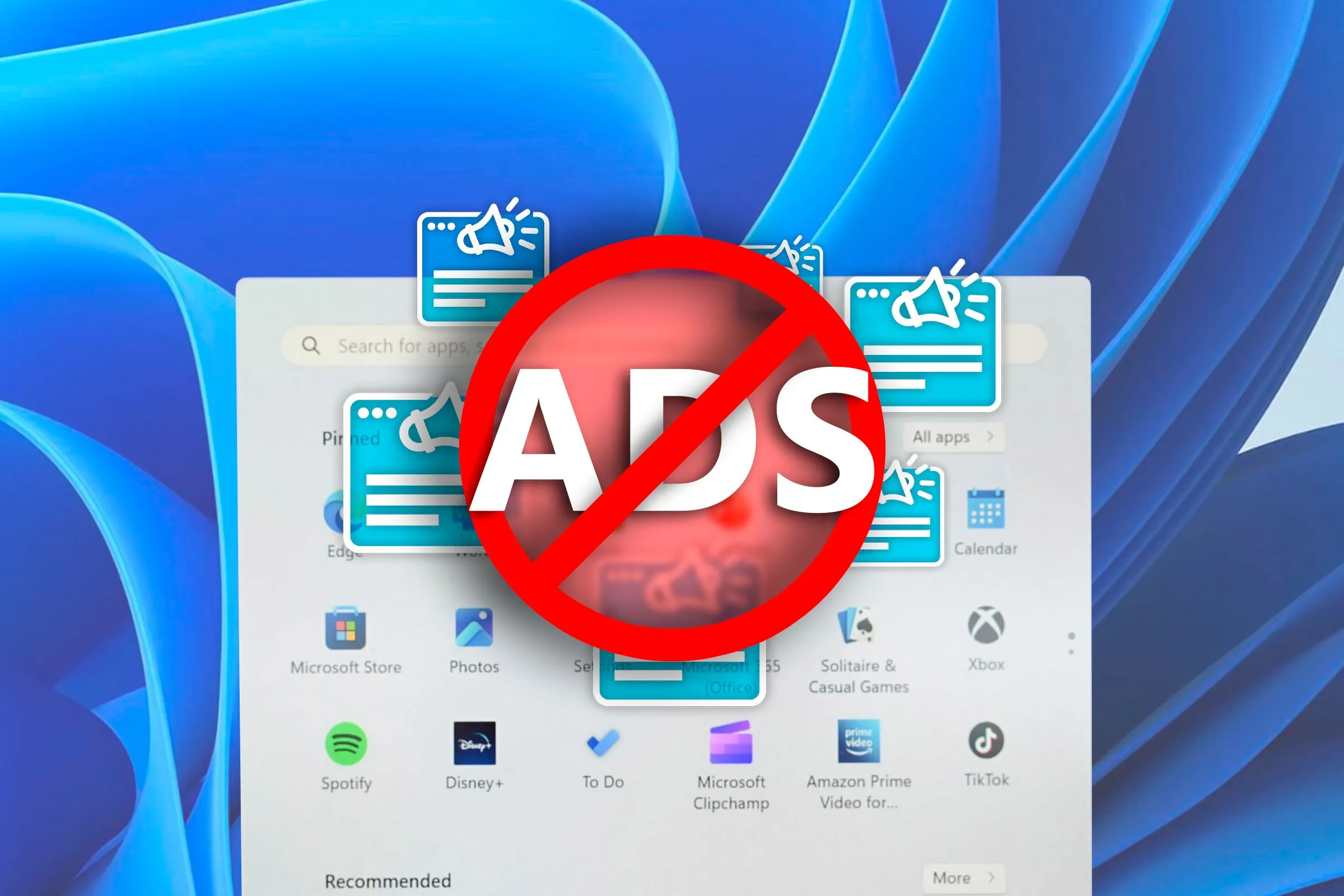 Menu Start Windows 11 hiển thị các biểu tượng quảng cáo và ứng dụng đề xuất không mong muốn