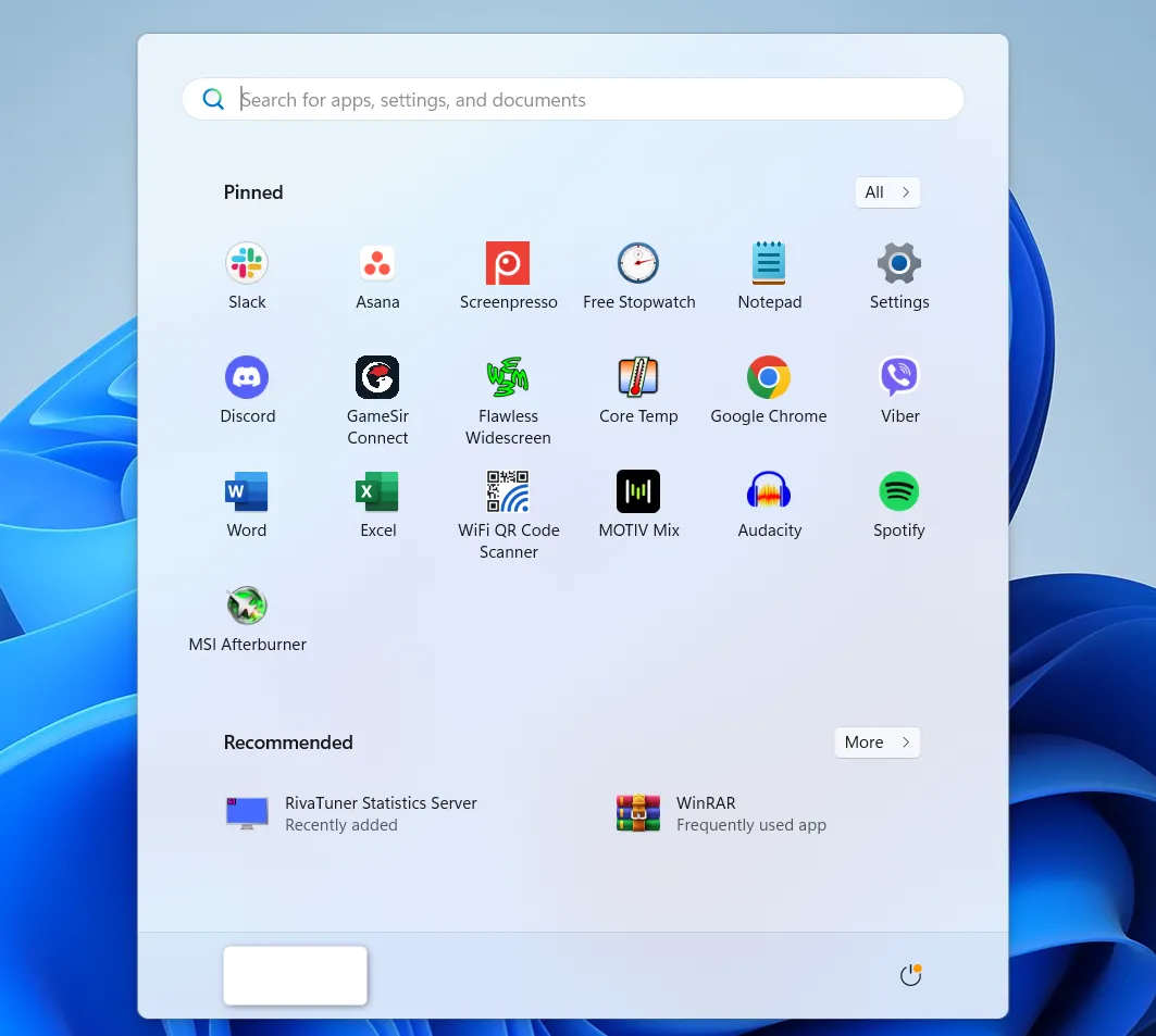 Menu Start Windows 11 với hiệu ứng trong suốt
