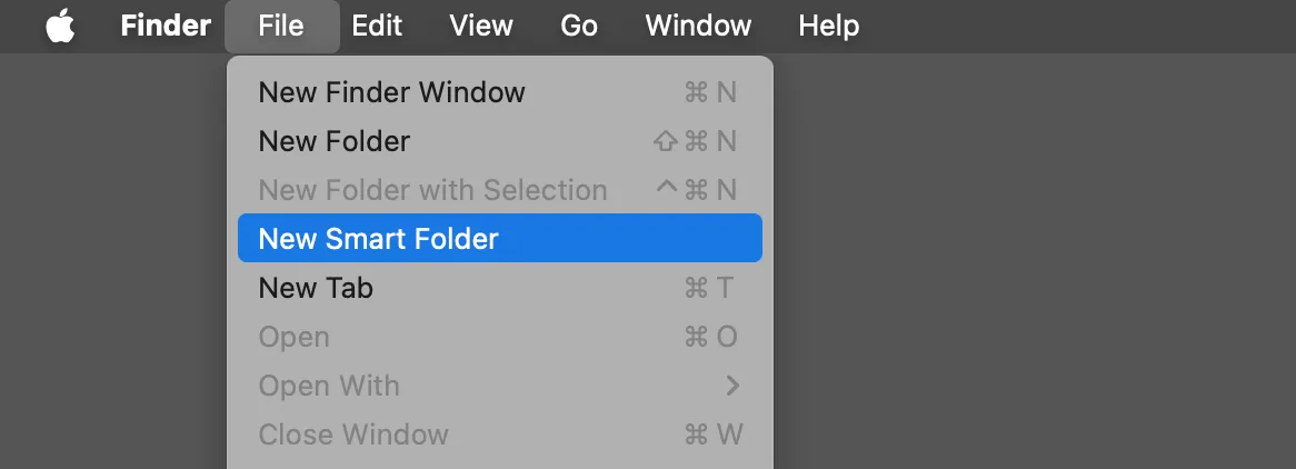 Menu Tệp trong Finder hiển thị tùy chọn "Thư mục thông minh mới" để tạo Smart Folder trên macOS.