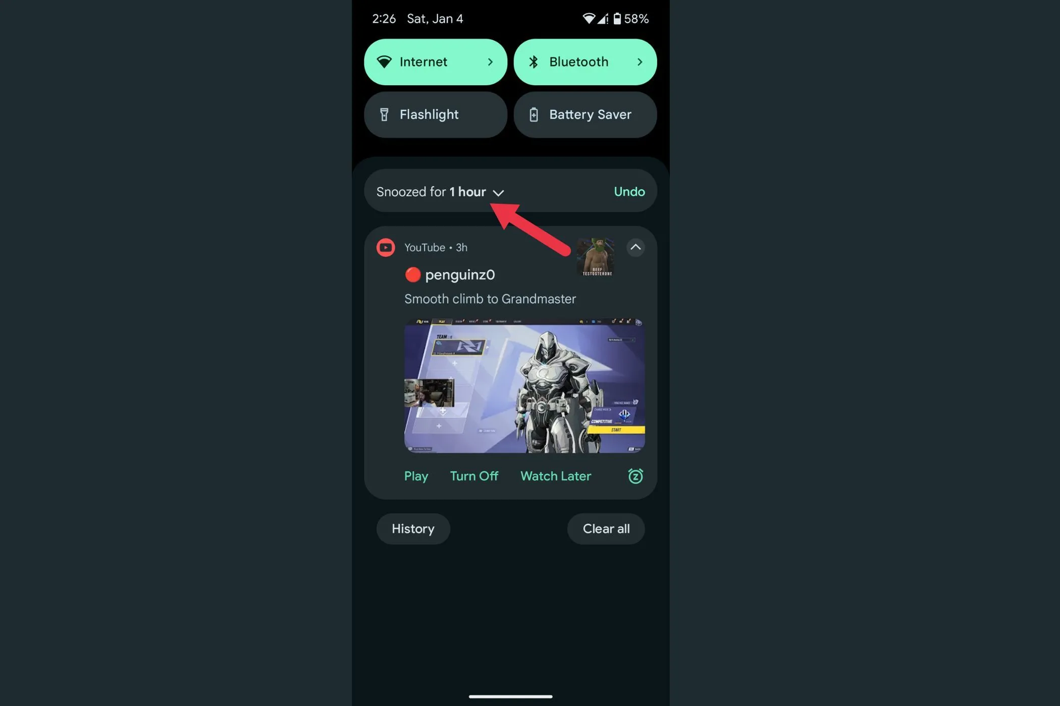 Menu thả xuống để chọn thời gian tạm ẩn thông báo trên Android