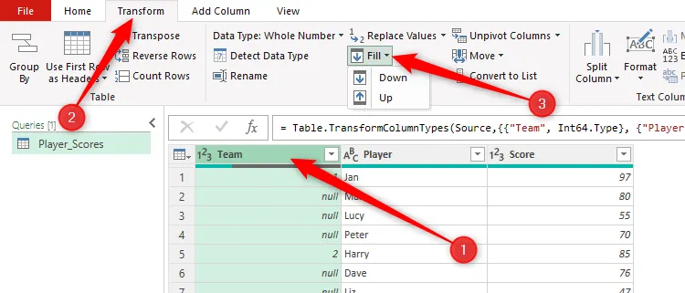 Menu thả xuống &quot;Fill&quot; trong Power Query Editor của Excel, hiển thị các tùy chọn &quot;Down&quot; và &quot;Up&quot; để điền giá trị vào ô trống.
