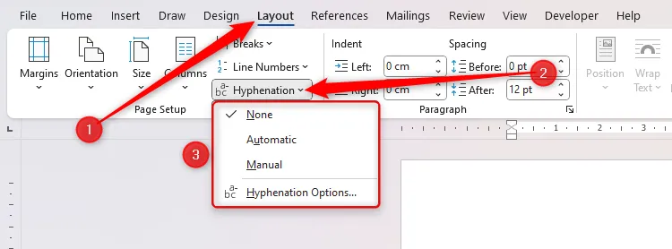 Menu thả xuống Hyphenation trong tab Layout trên Microsoft Word.