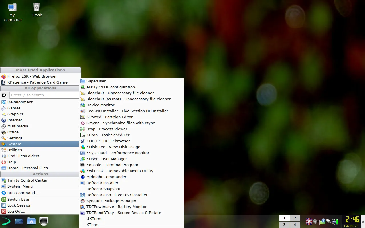 Menu tiện ích hệ thống trong môi trường Trinity của EXE GNU/Linux, hiển thị các công cụ bảo trì.