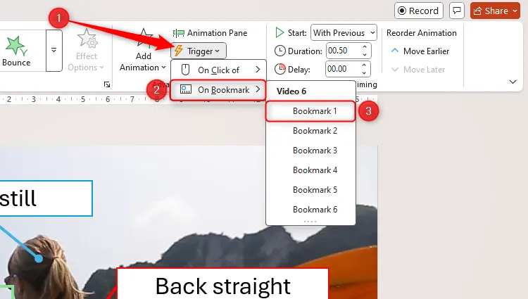 Menu Trigger trong PowerPoint, với tùy chọn On Bookmark được mở rộng và Bookmark 1 được chọn