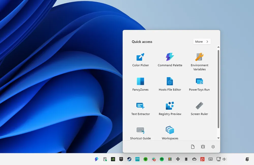 Menu truy cập nhanh của PowerToys, hiển thị các tiện ích như Color Picker và FancyZones.