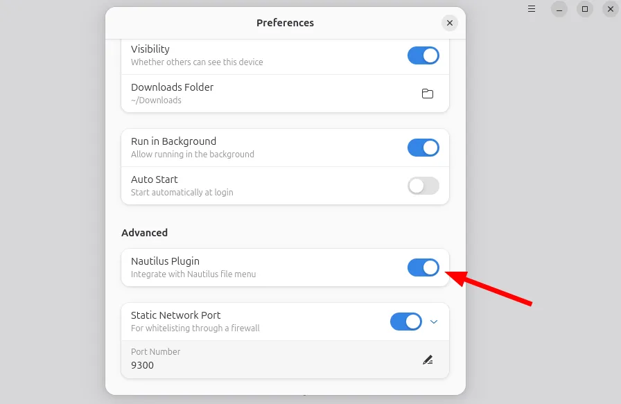 Menu Tùy chọn của Packet Linux Client hiển thị cách kích hoạt plugin tích hợp Nautilus để chia sẻ tệp tin nhanh.