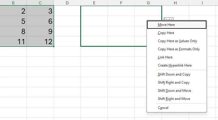 Menu tùy chọn khi nhả chuột phải sau khi kéo thả dữ liệu trong Excel