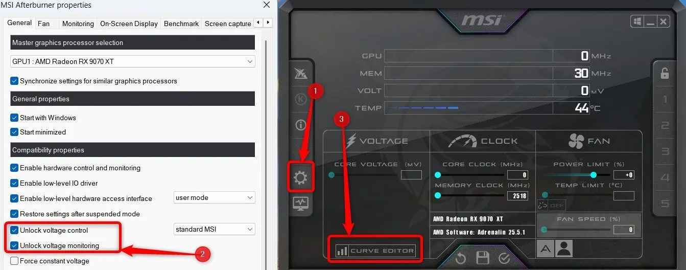 Menu tùy chọn (Settings) của MSI Afterburner, nơi kích hoạt điều khiển điện áp để undervolt GPU NVIDIA