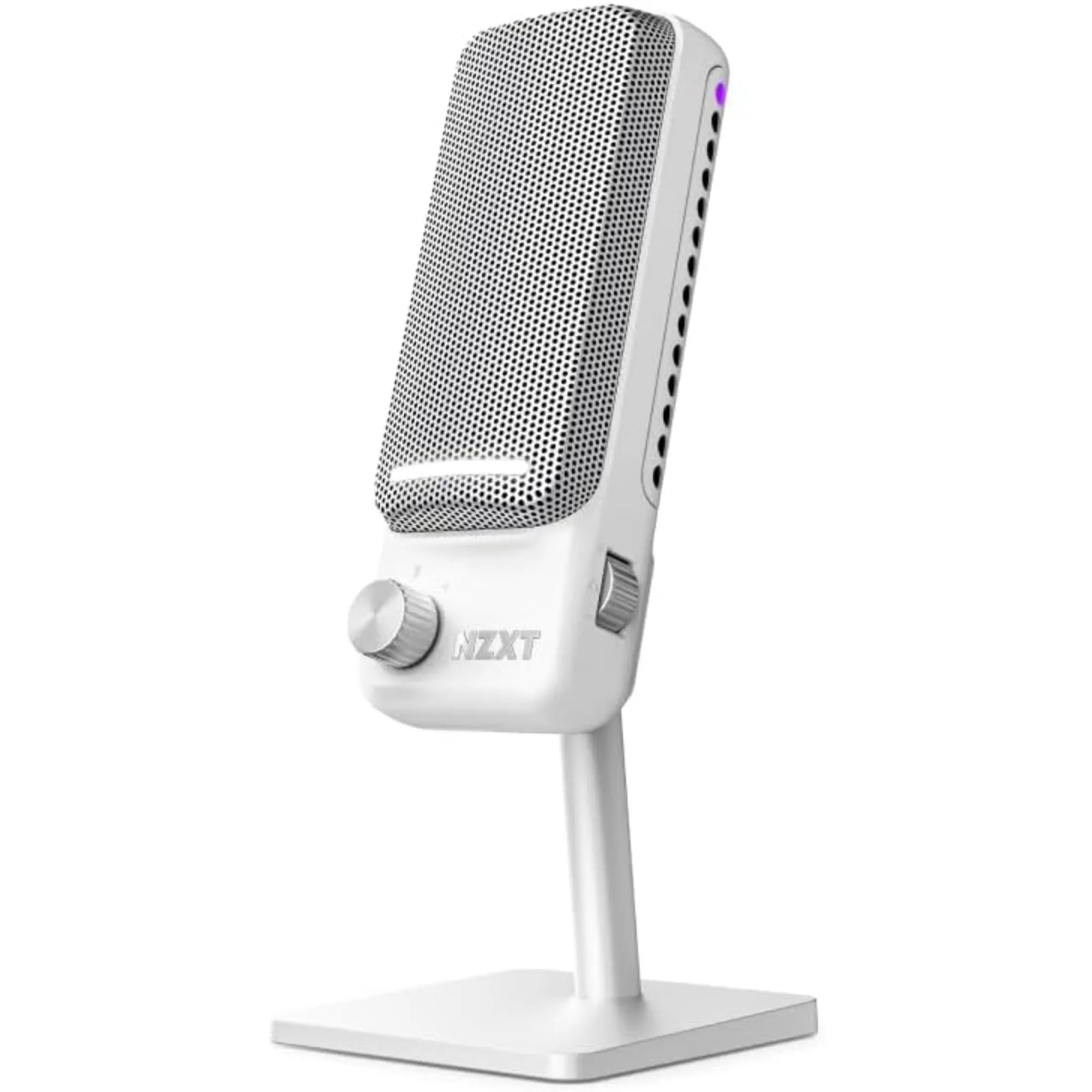 Microphone USB NZXT Capsule Elite màu trắng với chân đế gọn gàng.
