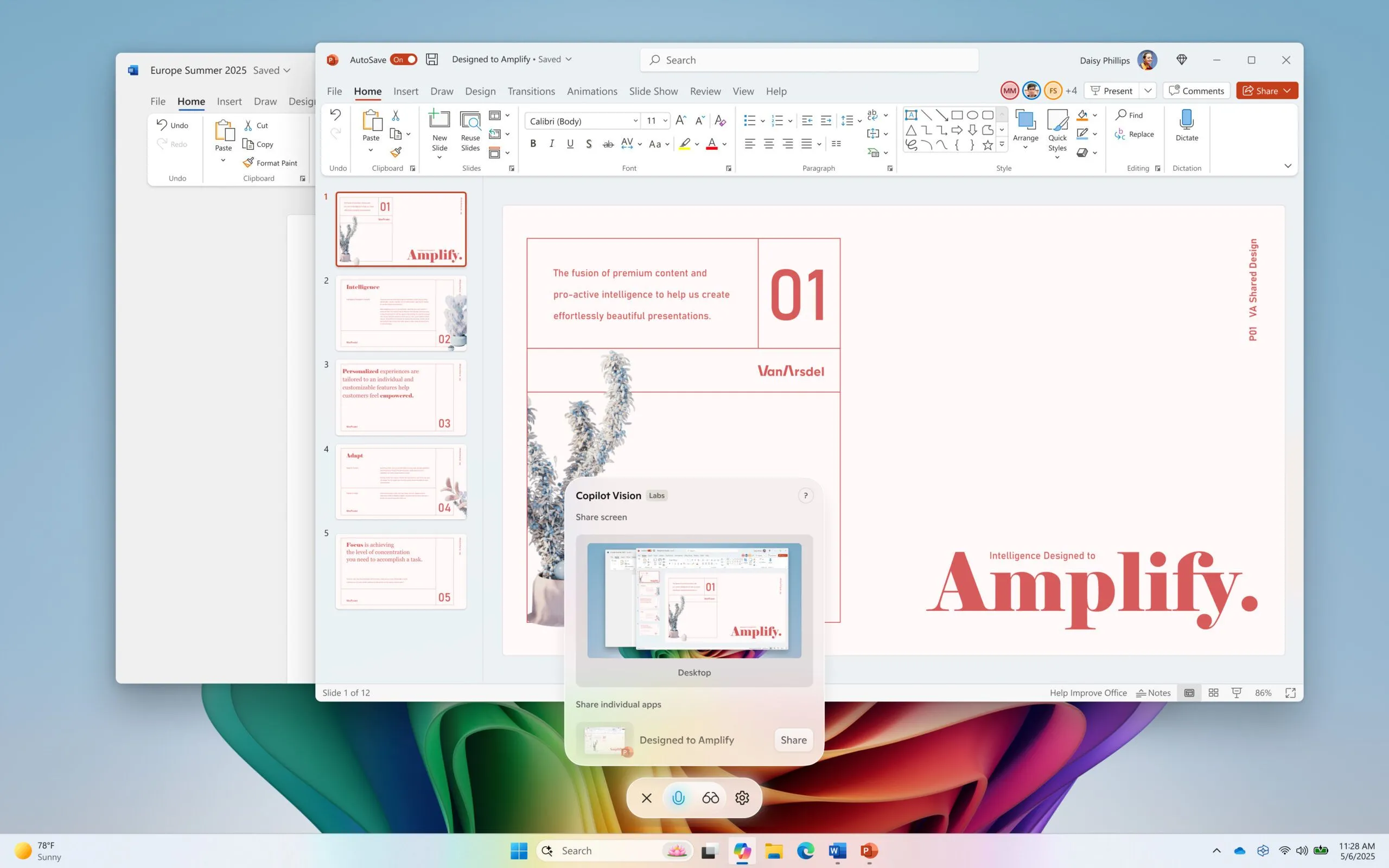 Microsoft Copilot Vision Desktop Share hỗ trợ người dùng tạo bài thuyết trình PowerPoint về trí tuệ nhân tạo.