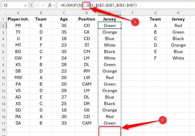 Minh họa cách sử dụng toán tử Trim Ref (dấu chấm sau dấu hai chấm) trong công thức Excel để tự động cắt bỏ các hàng trống cuối phạm vi dữ liệu, giúp công thức XLOOKUP gọn gàng hơn.