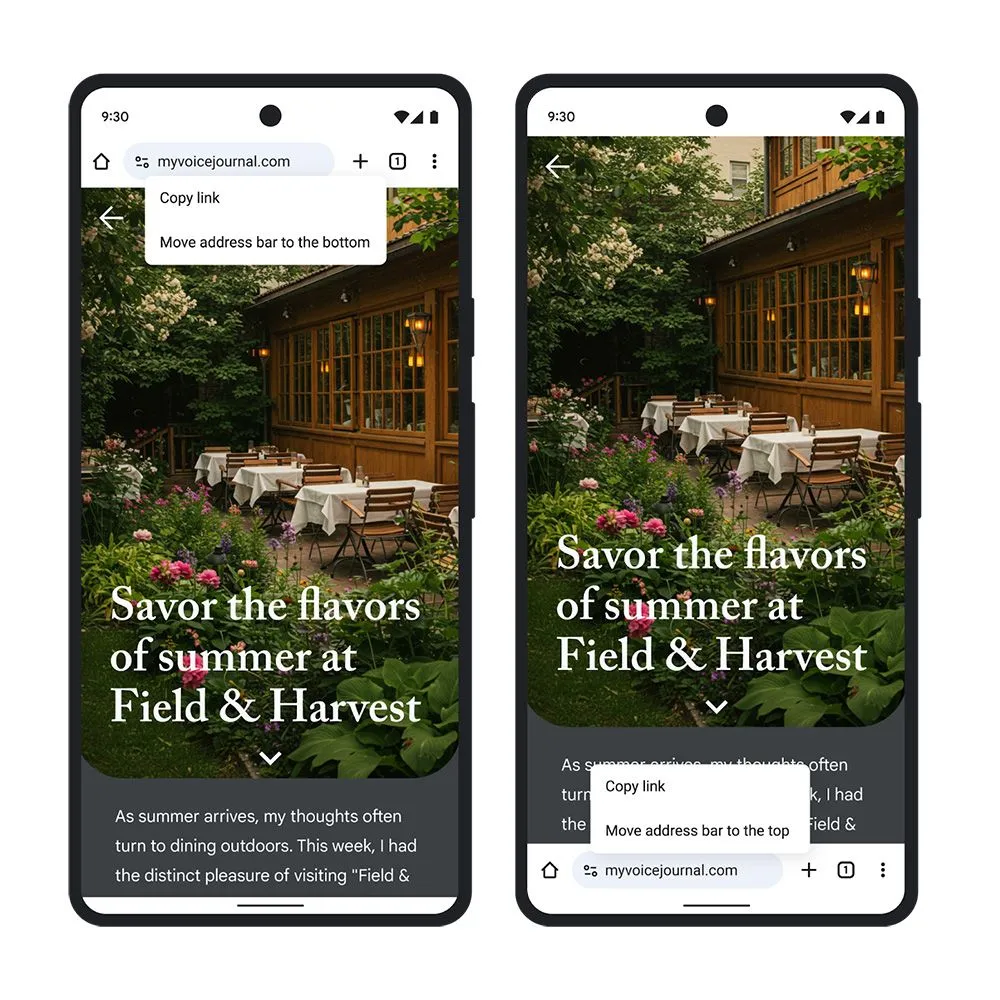 Minh họa cách thanh địa chỉ Chrome hiển thị ở cuối màn hình Android