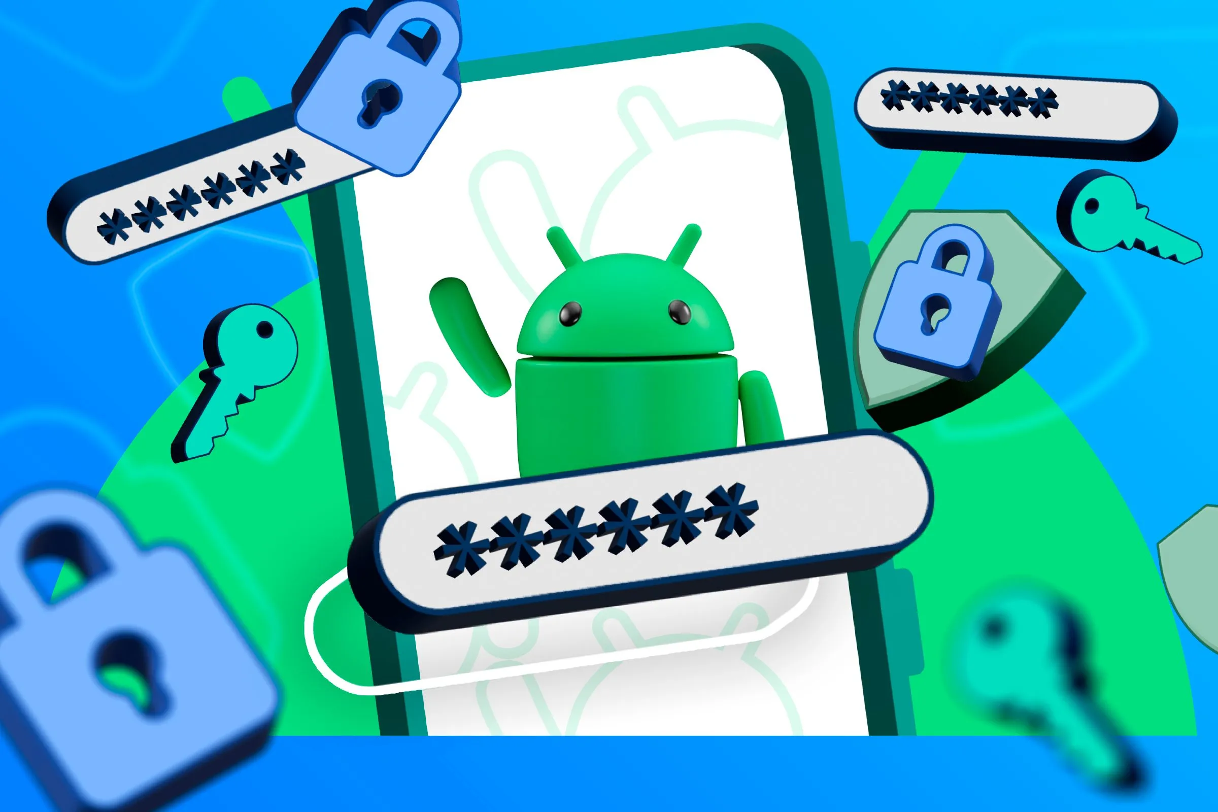 Minh họa điện thoại với các mật khẩu, chìa khóa, ổ khóa, lá chắn và linh vật Android, biểu thị bảo mật di động