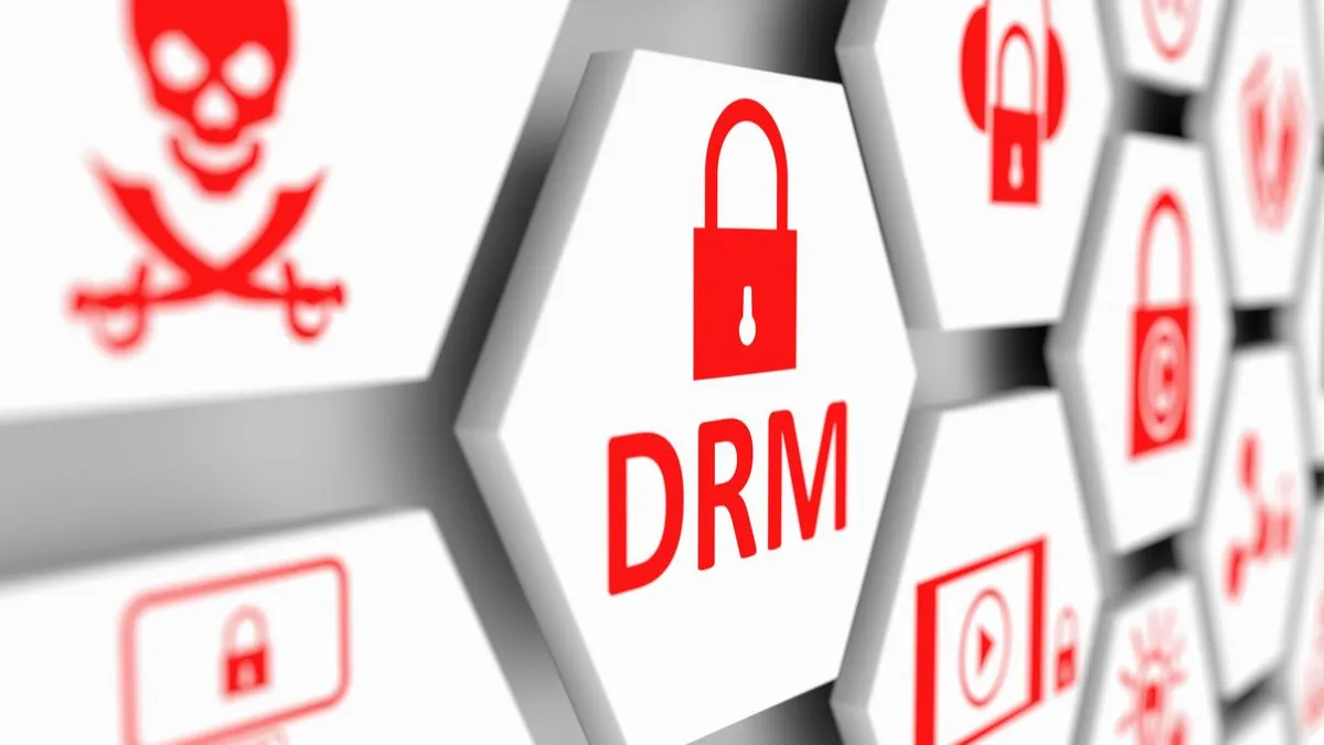 Minh họa khái niệm DRM (Digital Rights Management) với các biểu tượng khóa và công nghệ