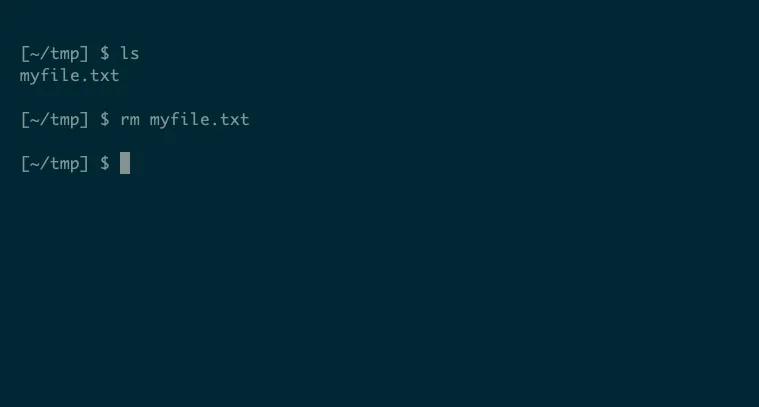 Minh họa lệnh rm trong Linux xóa tệp mà không có đầu ra hiển thị trên terminal.