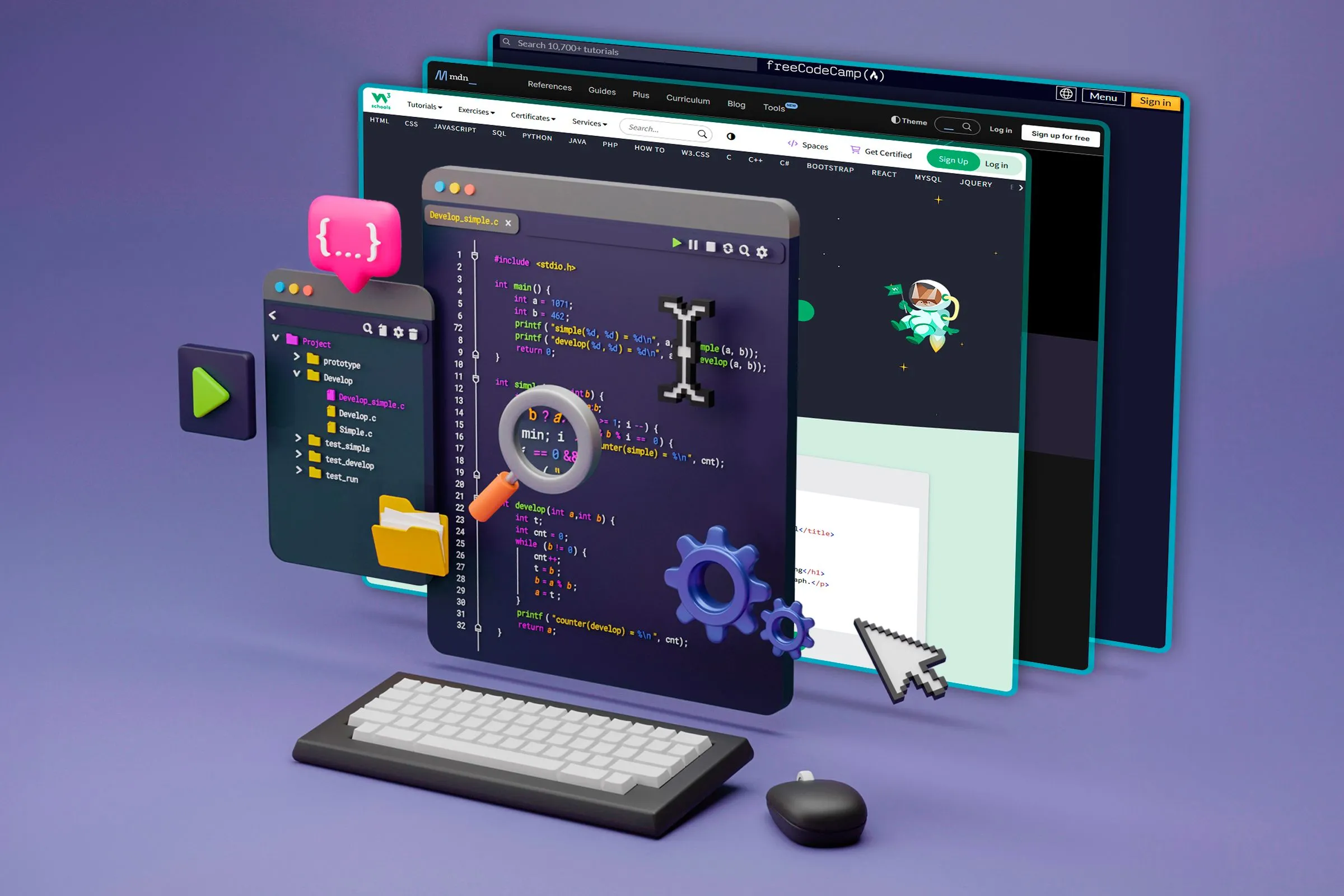 Minh họa môi trường phát triển tích hợp (IDE) với nhiều dòng mã và giao diện trang web ở nền, thể hiện công nghệ web