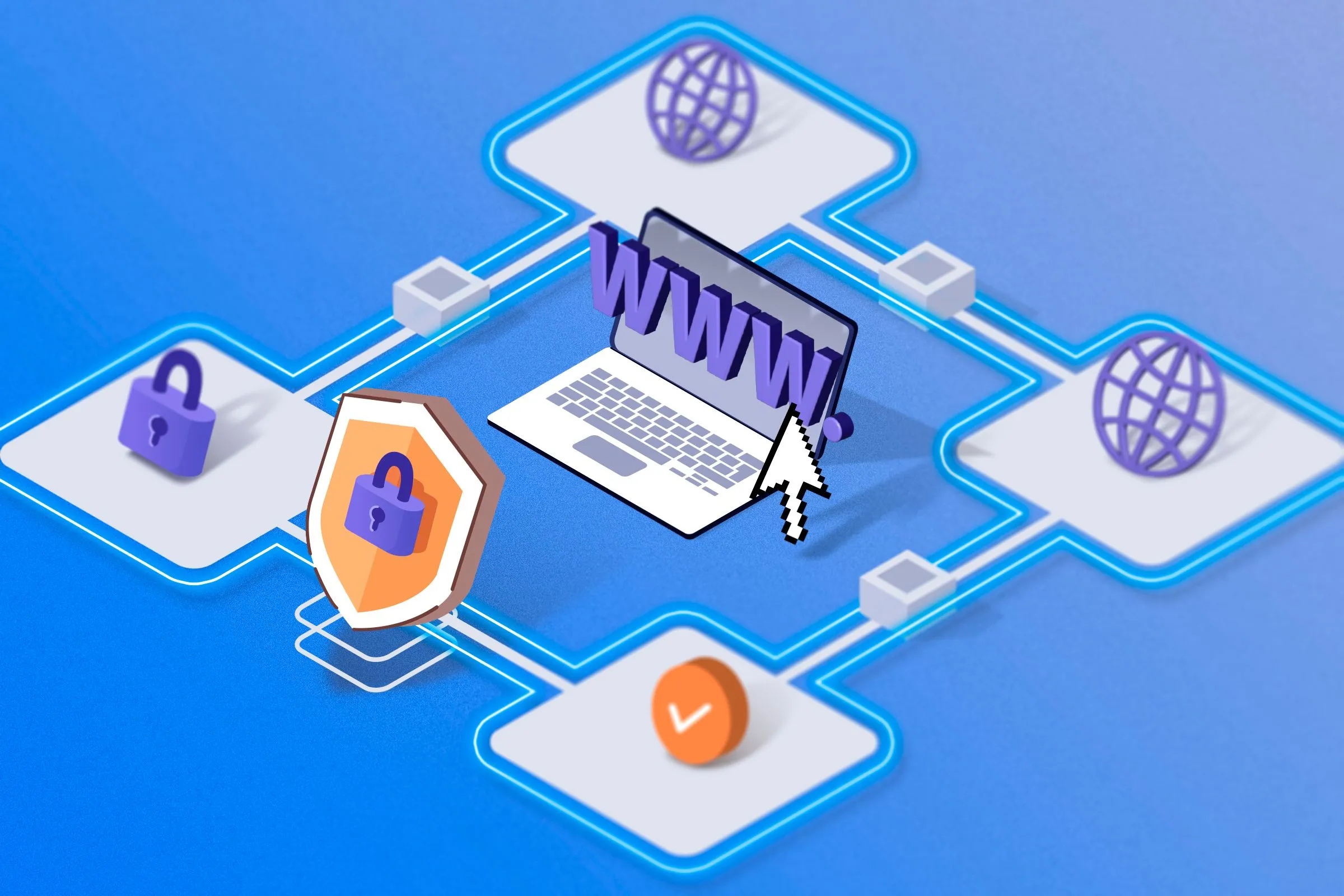 Minh họa một máy tính xách tay với các biểu tượng an ninh mạng và internet, tượng trưng cho tầm quan trọng của việc bảo mật thông tin và kiểm tra URL để tránh lừa đảo trực tuyến