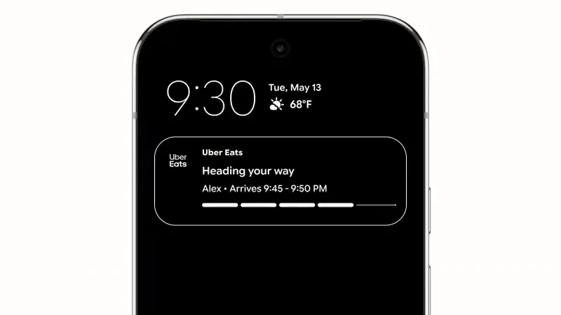 Minh họa tính năng Live Updates trên Android 16 hiển thị cập nhật đơn hàng theo thời gian thực tại thanh thông báo