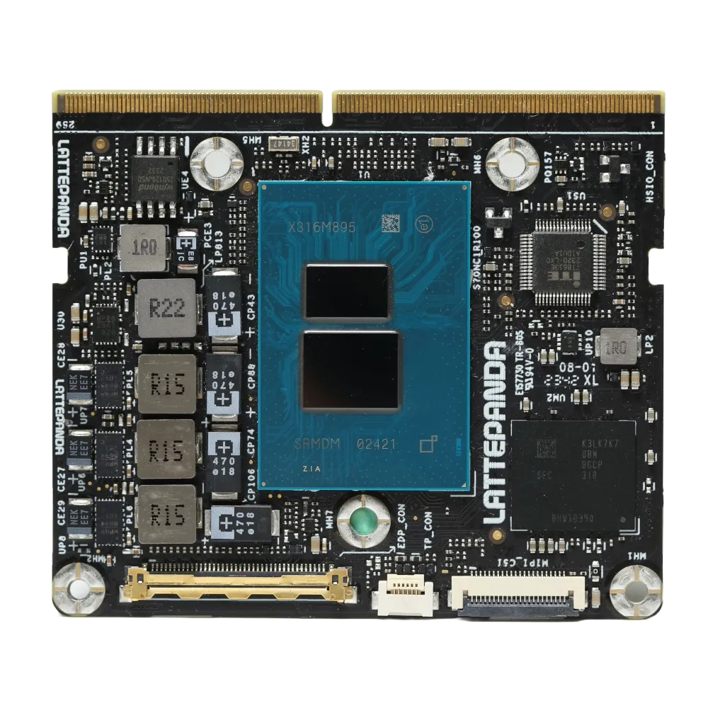 Mô-đun LattePanda Mu nhỏ gọn, cho thấy chip Intel N100 và các thành phần chính