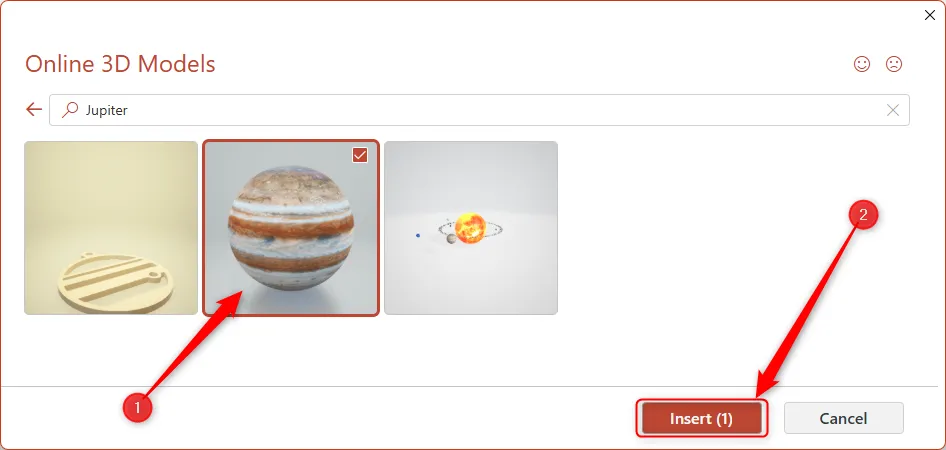Mô hình 3D của sao Mộc được chọn trong thư viện của PowerPoint, sẵn sàng để chèn vào slide