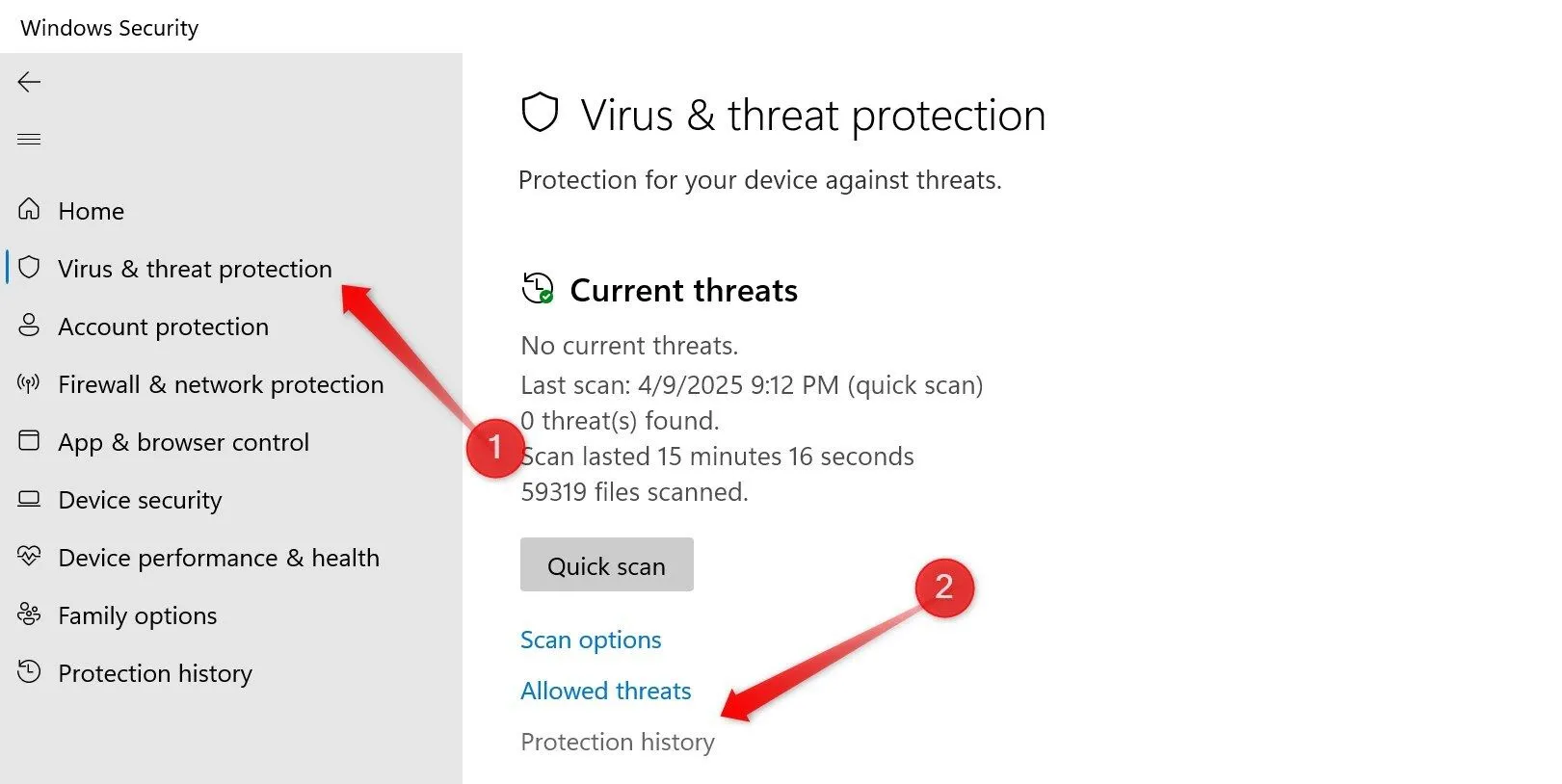 Mở Lịch sử Bảo vệ trong ứng dụng Windows Security để kiểm tra mối đe dọa