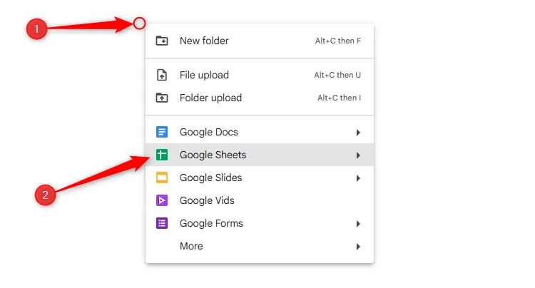 Mở tệp Google Sheets mới từ menu chuột phải trong Google Drive