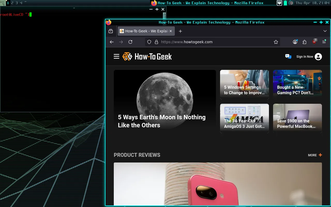 Môi trường desktop GoboLinux với trình duyệt Firefox mở trang chủ HTG và cửa sổ terminal, thể hiện cấu trúc file hệ thống đơn giản.