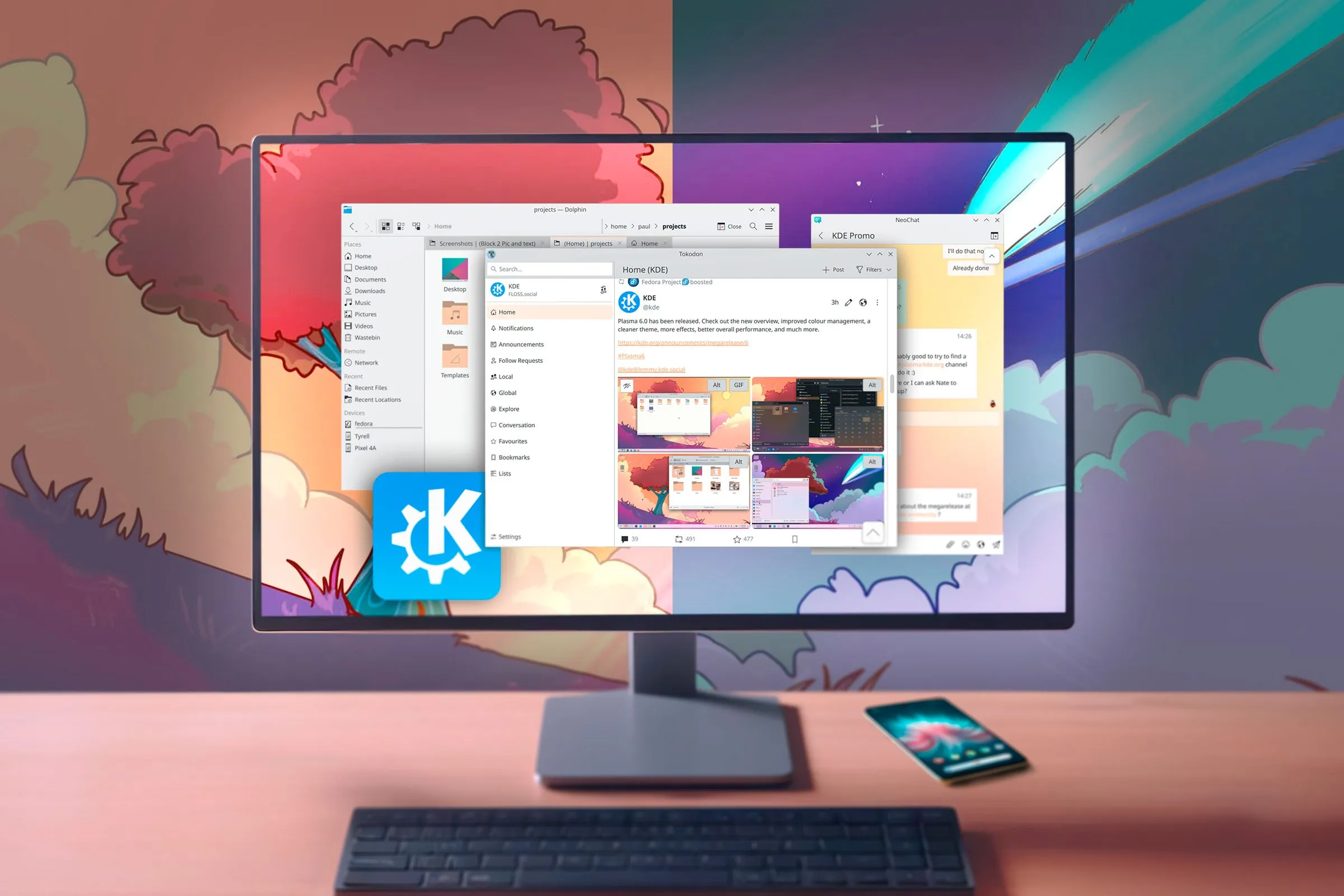 Môi trường desktop KDE Plasma với giao diện hiện đại và các cửa sổ ứng dụng