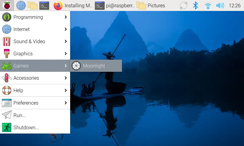 Moonlight client đã được cài đặt và hiển thị trong menu Raspberry Pi OS
