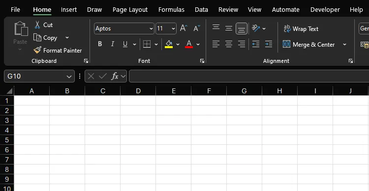 Một bảng tính Excel với chế độ sáng trong chủ đề đen được kích hoạt