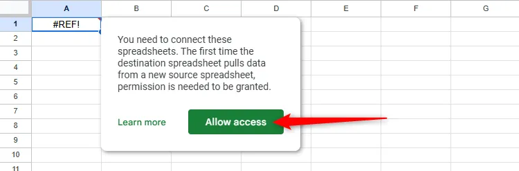 Một cảnh báo trong Google Sheets cho biết cần cấp quyền truy cập, và nút Cho phép truy cập được tô sáng.