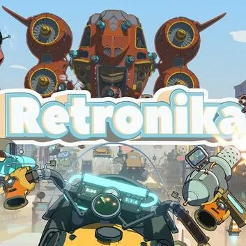 Một cảnh chơi game Retronika trên Meta Quest 3, thể hiện người chơi đang điều khiển xe bay và bắn súng giữa không gian đông đúc, với đồ họa cel-shaded đặc trưng.