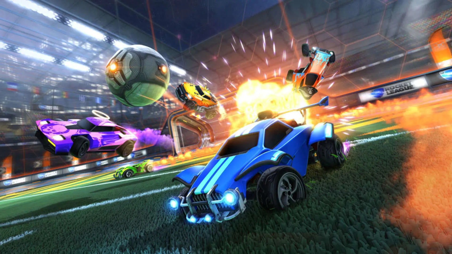 Một cảnh hỗn loạn với ô tô và quả bóng bay trên không trong Rocket League, thể hiện lối chơi sôi động.