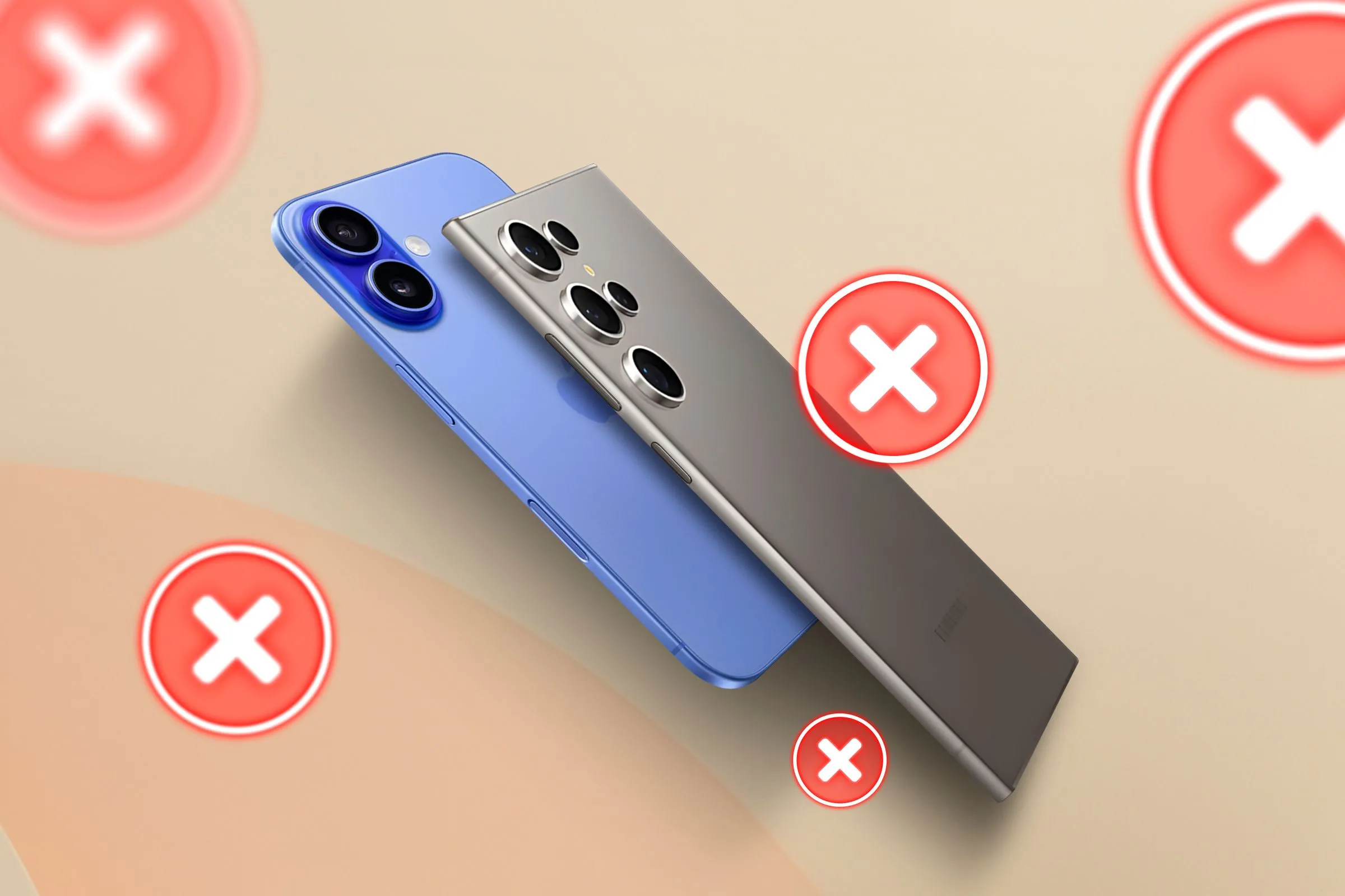 Một chiếc iPhone mỏng và Samsung Galaxy với nhiều dấu X đánh dấu xung quanh chúng