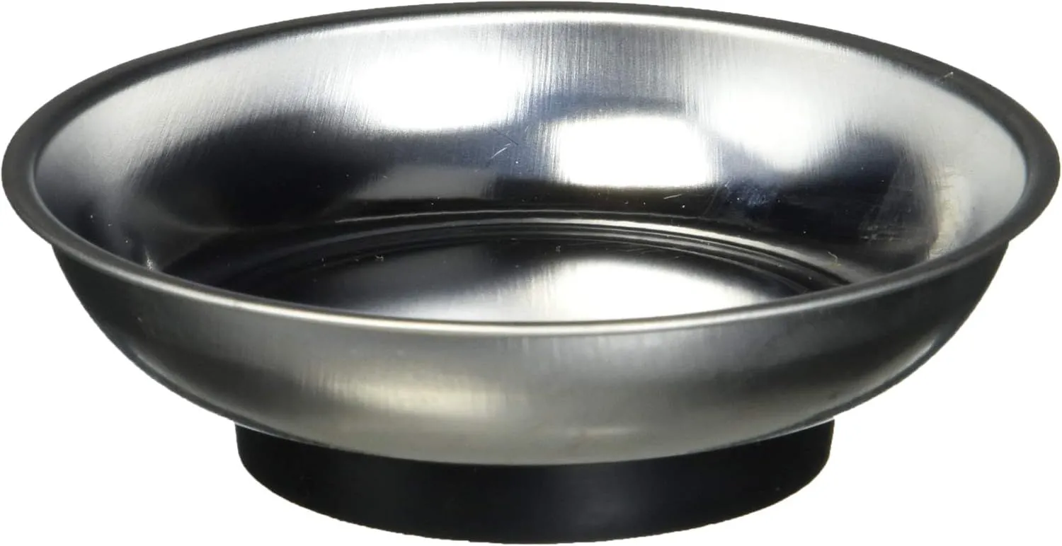 Một chiếc khay từ tính bằng kim loại màu bạc, dùng để giữ các loại ốc vít và linh kiện nhỏ.