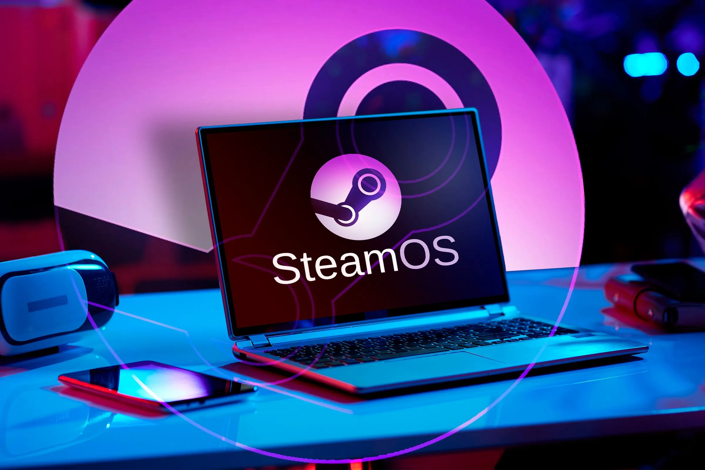 Một chiếc laptop hiển thị logo SteamOS, biểu trưng cho tương lai phát triển của hệ điều hành này trên các thiết bị PC.