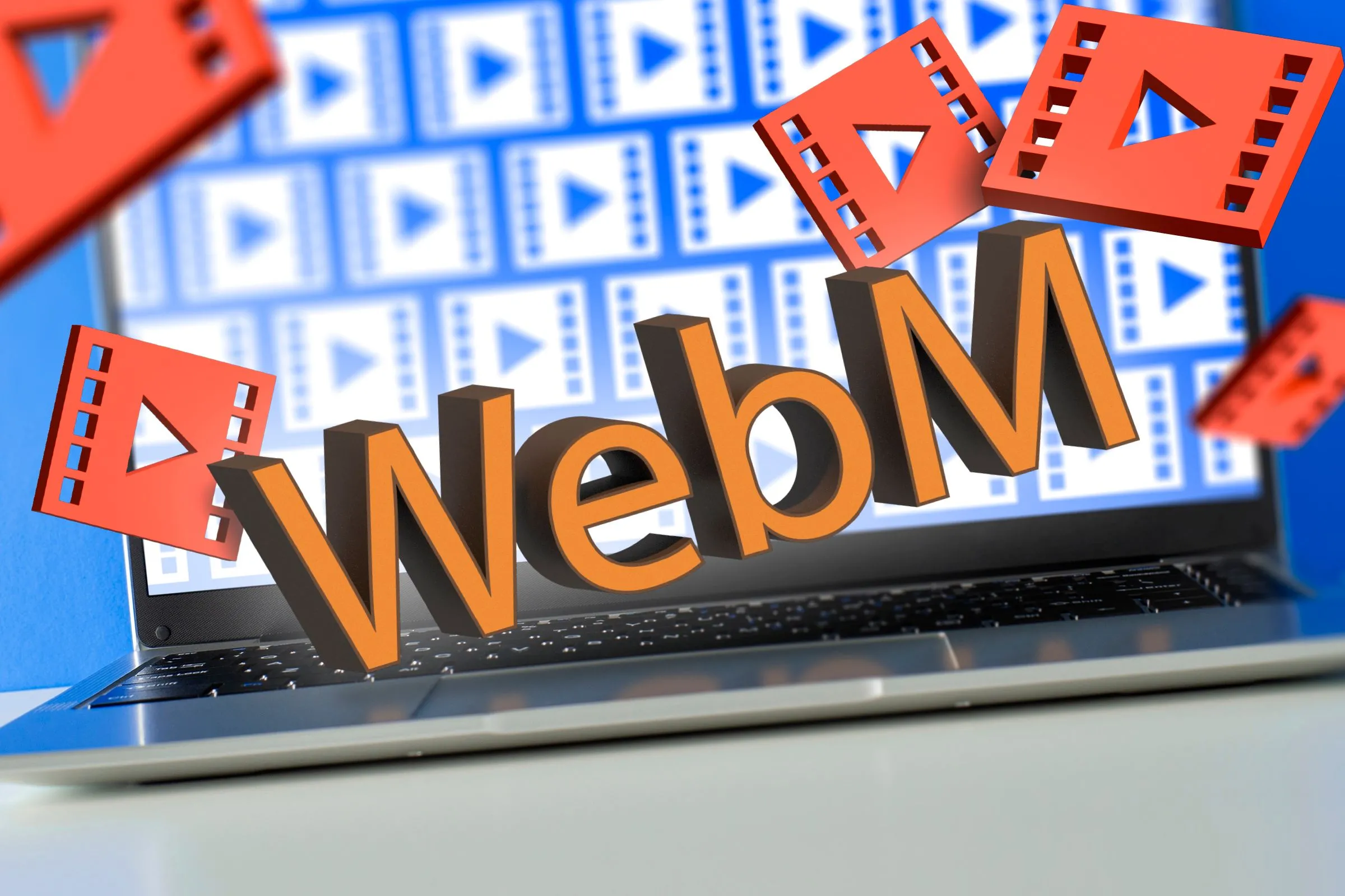 Một chiếc laptop với nhiều biểu tượng tệp video và WEBM phía trên bàn phím cùng các biểu tượng video 3D xung quanh.