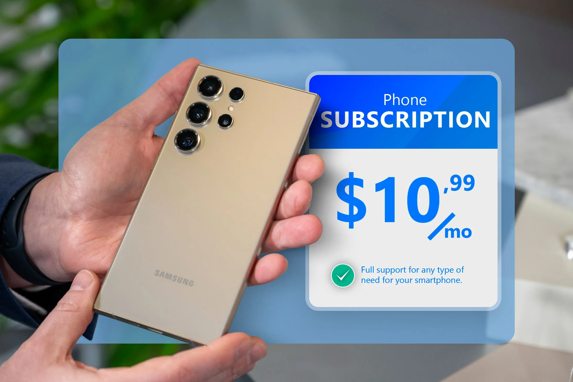 Một chiếc Samsung Galaxy và một thẻ đăng ký gói hỗ trợ giả định cho smartphone, gợi ý về tuổi thọ và việc hỗ trợ lâu dài.