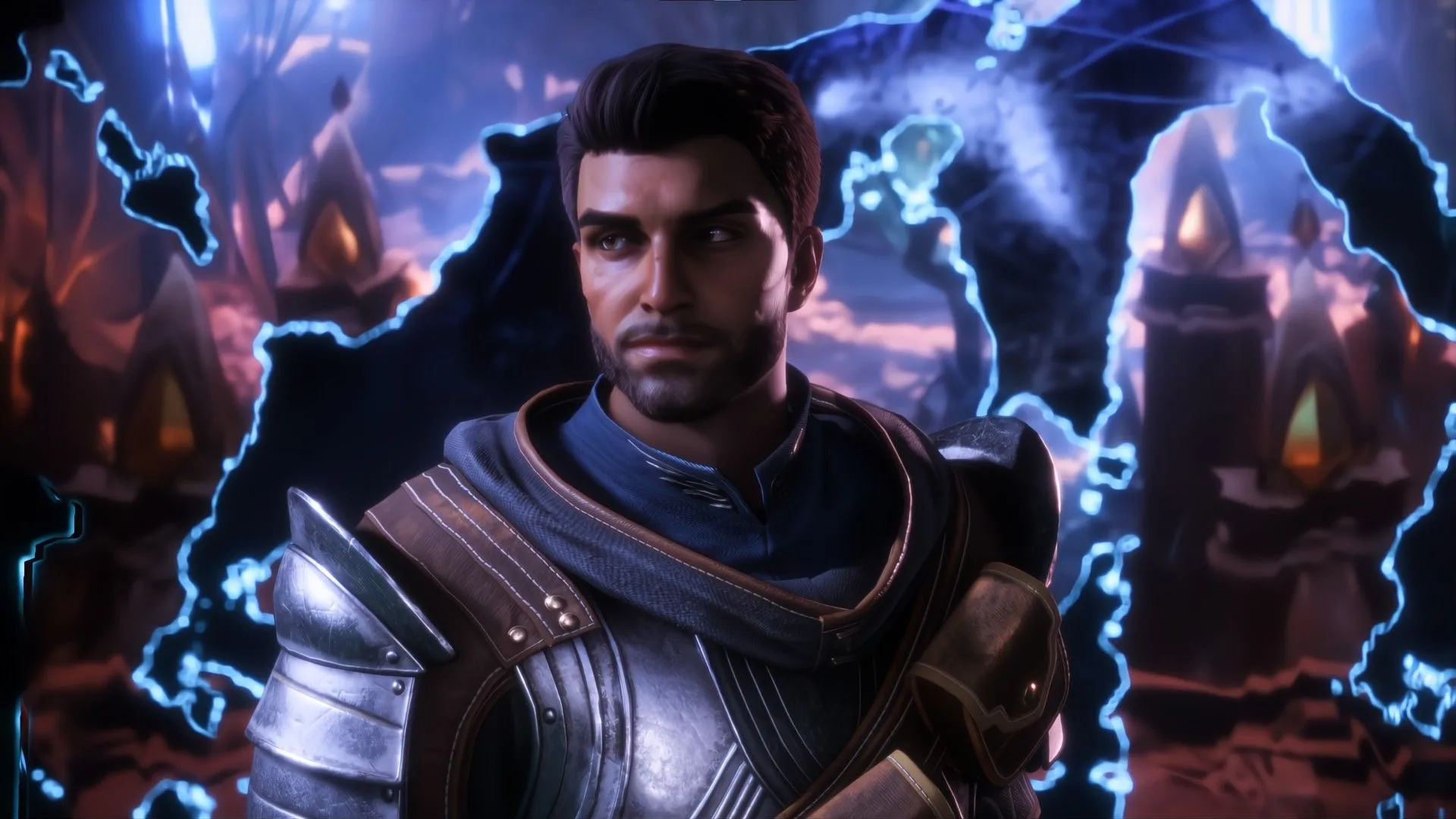 Một chiến binh nhìn sang trái gần các vết nứt trong Dragon Age The Veilguard.