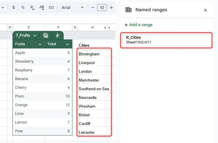 Một dải ô trong Google Sheets chứa các thành phố được đặt tên là R_Cities.