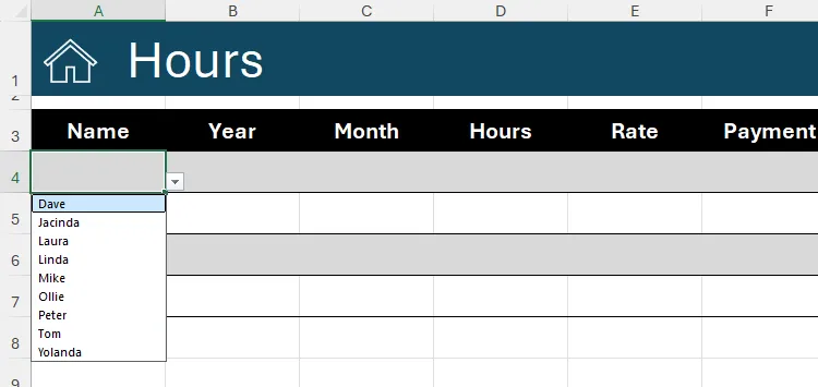 Một danh sách thả xuống tên trong Microsoft Excel, được thêm thông qua các quy tắc xác thực dữ liệu.