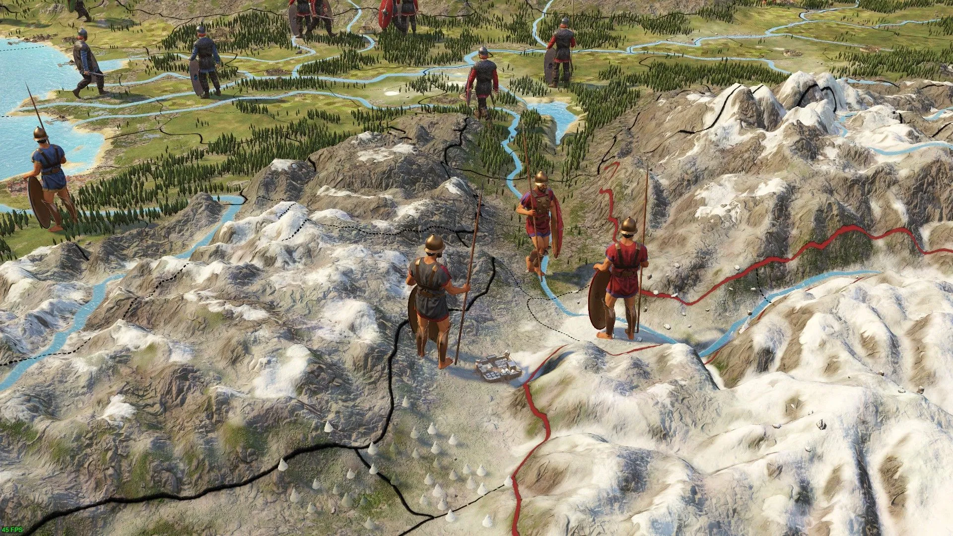 Một điệp viên đang đi bộ đến gặp người khác trên ngọn đồi trong game Imperator Rome, thể hiện yếu tố chiến lược và chính trị.