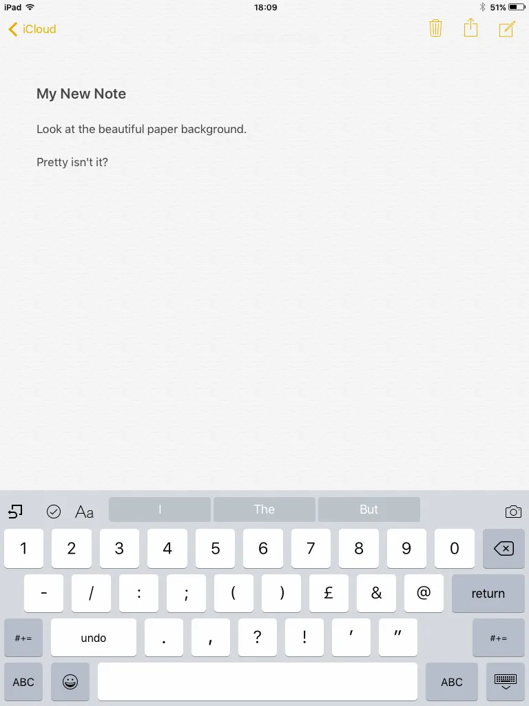 Một ghi chú có nền giấy thực tế trong ứng dụng Ghi chú trên iPad 2, minh họa giao diện cũ được yêu thích.