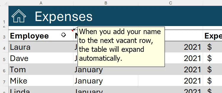 Một ghi chú trong ô Microsoft Excel thông báo cho người dùng rằng bảng sẽ mở rộng khi họ thêm tên vào hàng trống tiếp theo.